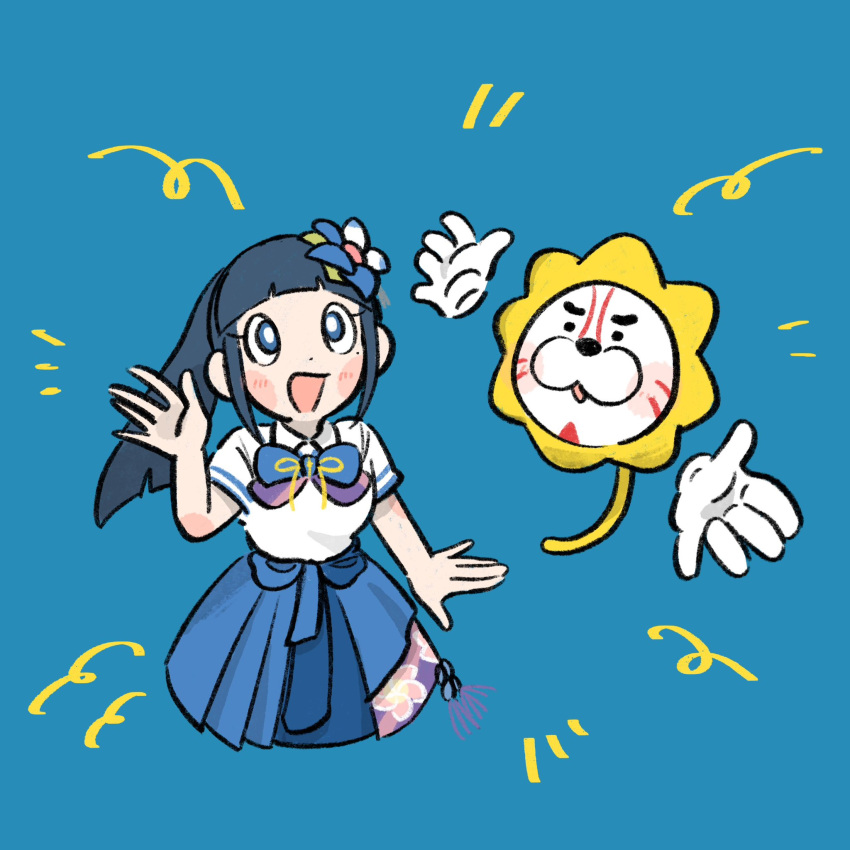 1boy, 1girl, animal_nose, aoi_ch., blue_background, blue_bow, blue_bowtie, blue_eyes