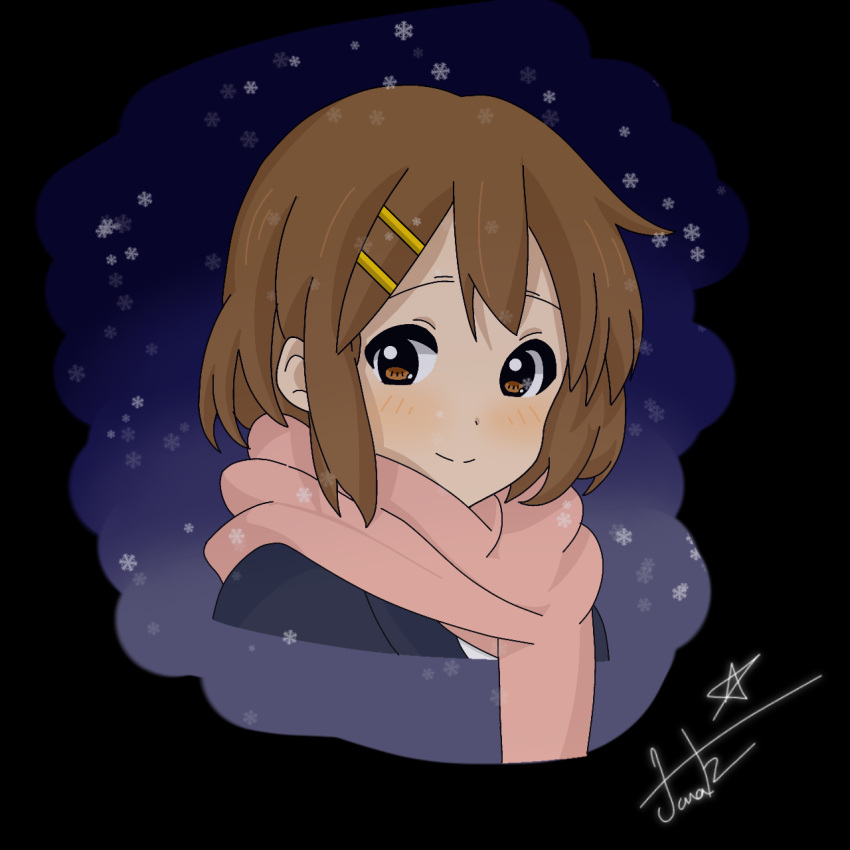 #afterschoolteatime, #animeart, #animegirl, #art, #digitalart, #fuwafuwatime, #hokagoteatime, #keionbu, #kon, #kongirls, #mugikotobuki, #winter, #yuihirasawa, akiyama, akiyama_mio, brown_eyes, brown_hair, cold, fuwa_fuwa, highres, hirasawa_yui, hokago_tea_time, nakano_azusa, night, night_sky, non-web_source, pink_scarf, scarf, school_uniform, sky, snow, tainaka, tainaka_ritsu, yellow_pins