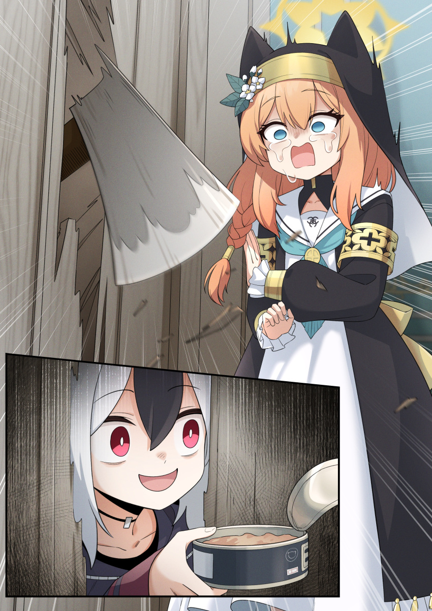 2girls, absurdres, animal_ear_headwear, axe, black_hair, black_headwear, black_hoodie, blue_archive