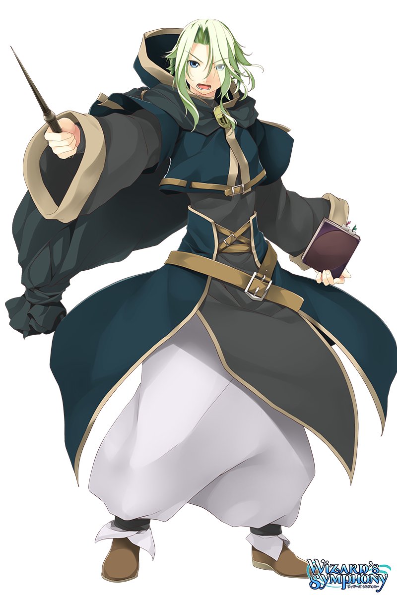 1boy, atelier-moo, belt, book, copyright_name, curtained_hair, full_body, green_eyes