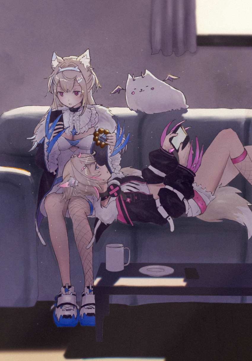 2girls, animal_ear_fluff, animal_ears, belt, black_collar, blonde_hair, blue_eyes, blue_hair