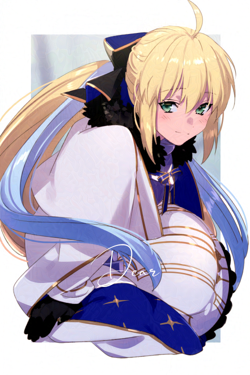 1girl, ahoge, armor, armored_dress, black_gloves, blonde_hair, blue_eyes, blue_hair