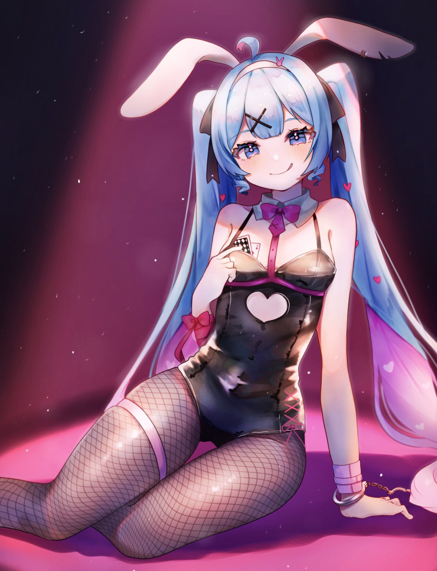 1girl, ahoge, animal_ears, arm_behind_head, bare_shoulders, black_ribbon, blue_eyes, blue_hair