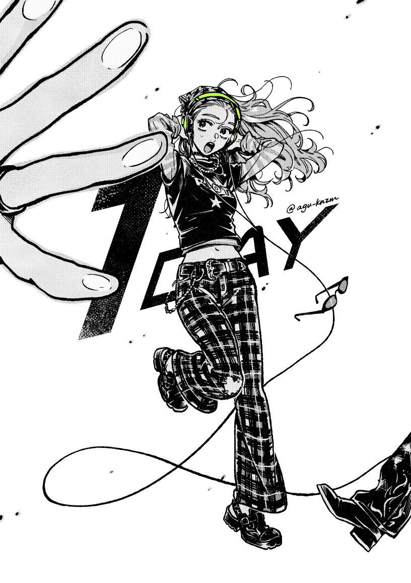 1girl, arai_sumiko, commentary, cropped_shirt, english_commentary, full_body, greyscale, headphones