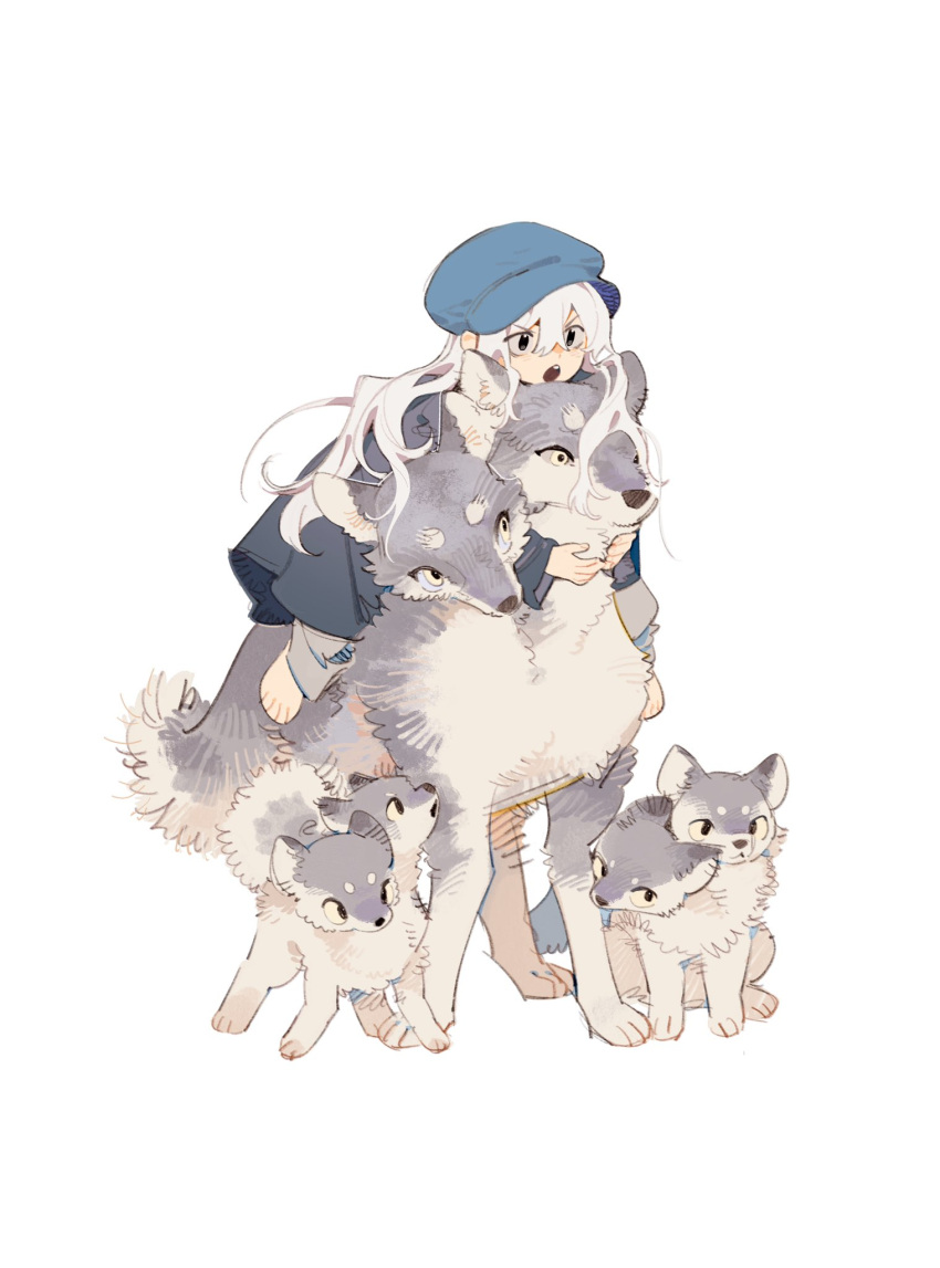 :o, animal, blue_dress, blue_headwear, dog, dress, grey_fur, highres