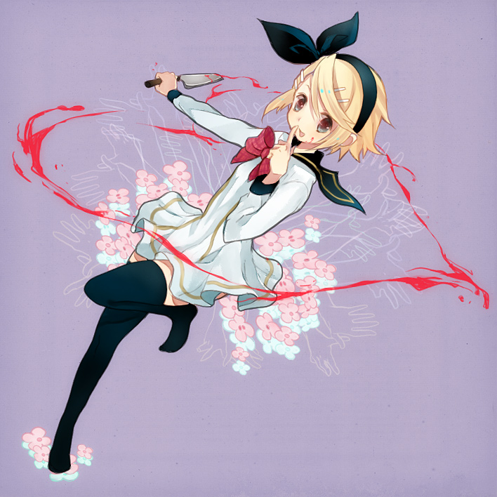 1girl, blonde_hair, blood, bow, dress, fear_garden_(vocaloid), flower, grey_eyes