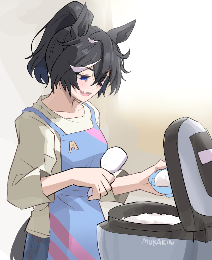 1girl, animal_ears, apron, artist_name, blue_apron, blue_eyes, blue_pants, blush