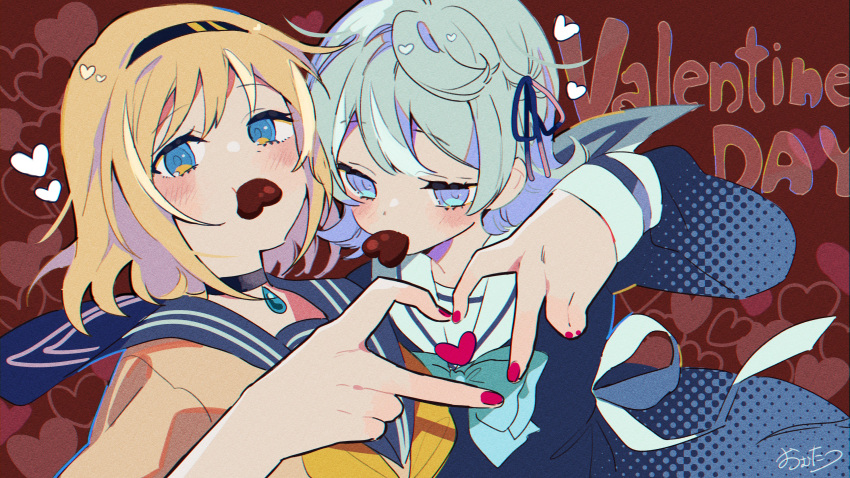 2girls, absurdres, aqua_eyes, artist_name, black_choker, blonde_hair, blue_bow, blue_bowtie, blue_dress, blue_eyes, blue_hair, blue_headband, blue_sailor_collar, blue_serafuku, blunt_ends, blush, bob_cut, bow, bowtie, brown_background, brown_serafuku, candy, center-flap_bangs, chocolate, choker, closed_mouth, commentary, dithering, dot_nose, double-parted_bangs, dress, eating, eyeliner, fingernails, food, food_in_mouth, grey_hair, hair_between_eyes, hair_ribbon, hands_up, headband, heart, heart-shaped_chocolate, heart_hands, heart_hands_duo, highres, kuraberarekko, long_sleeves, looking_at_viewer, makeup, mole, mole_under_eye, multiple_girls, nail_polish, namikare_(tuyu), neckerchief, no_nose, official_art, omutatsu, pointy_hair, red_background, red_nails, ribbon, sailor_collar, school_uniform, serafuku, short_hair, sidelocks, signature, single_hair_intake, tuyu_(band), unkempt, upper_body, valentine, water_drop, yellow_neckerchief