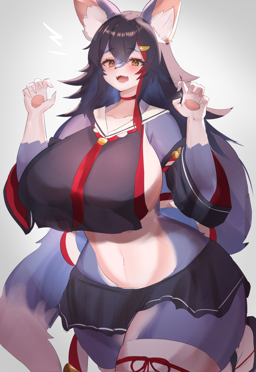 1girl, absurdres, animal_ear_fluff, animal_ears, black_hair, blush, breasts, choker