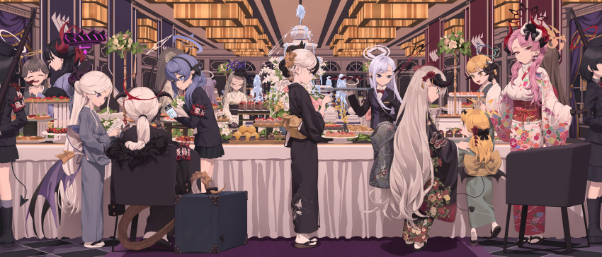 6+girls, ^_^, absurdres, ako_(blue_archive), alcohol, alternate_costume, armband, banquet