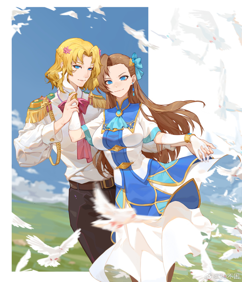 1boy, 1girl, 39_bukun, aiguillette, ascot, asymmetrical_bangs, belt, bird