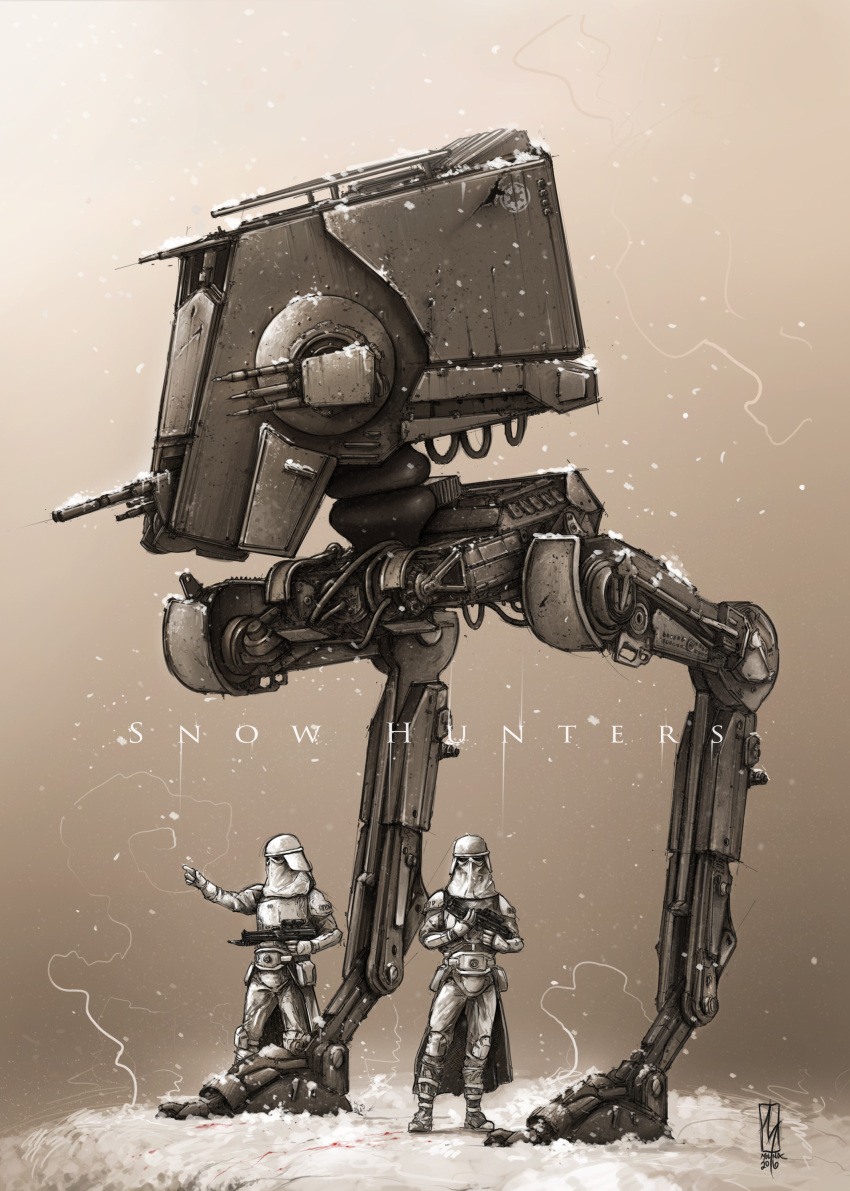 2boys, absurdres, at-st, crossed_arms, english_commentary, gloves, gun, helmet