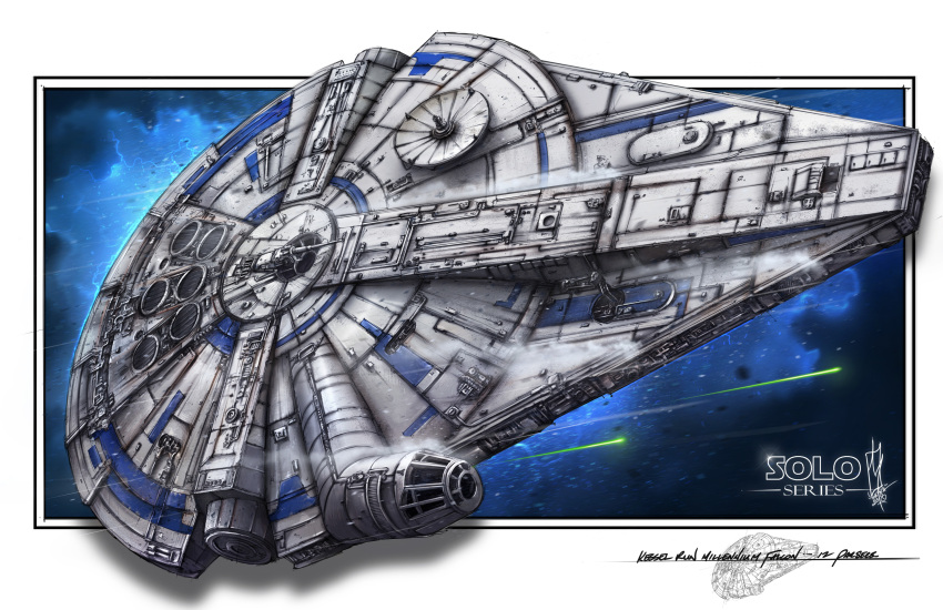 absurdres, border, english_commentary, highres, laser, millenium_falcon, motion_blur, no_humans