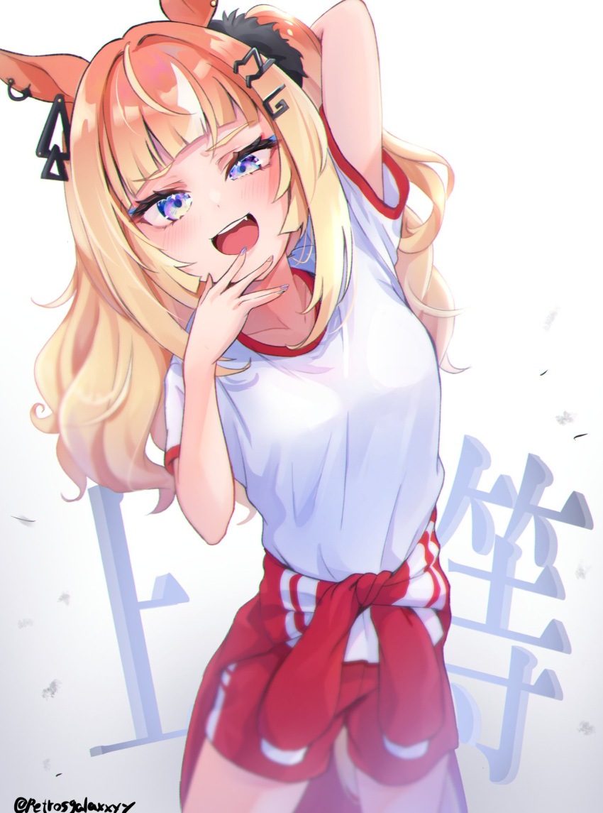 1girl, alternate_costume, animal_ears, arm_up, blue_eyes, blunt_bangs, blush, breasts