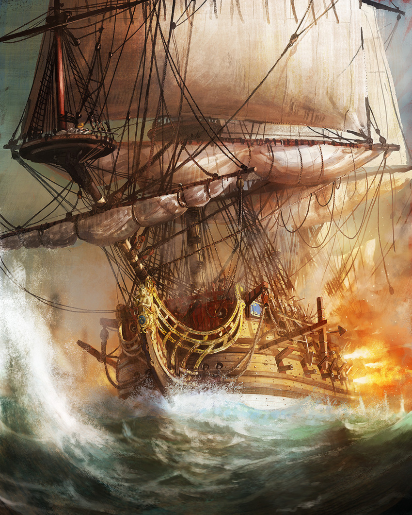 boat, cannon, edouard_groult, english_commentary, fire, gun, highres, holding