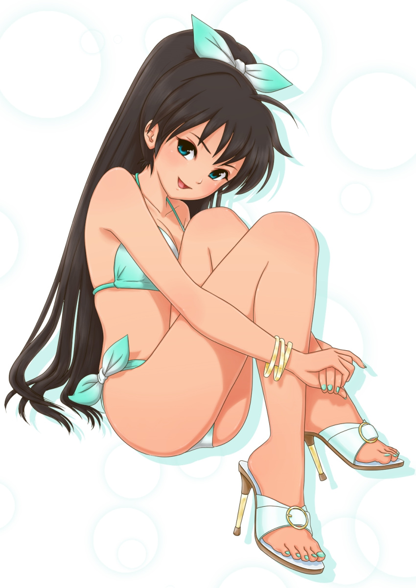 bikini, bow, bracelet, face, feet, ganaha_hibiki, hair_bow, hands, high_heels, highres, idolmaster, jewelry, legs, nail_polish, open_mouth, ponnetsu, puton, sandals, shoes, side-tie_bikini, sitting, smile, swimsuit, toenail_polish