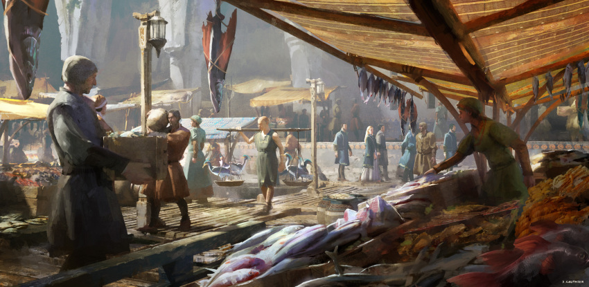 6+boys, 6+girls, absurdres, bird, boat, box, carrying_over_shoulder, crowd, dock, fish, highres, holding, holding_box, lamppost, market_stall, multiple_boys, multiple_girls, numenor, official_art, renart, rings_of_power, scenery, skullcap, tolkien's_legendarium, tunic, watercraft, watermark, wooden_box