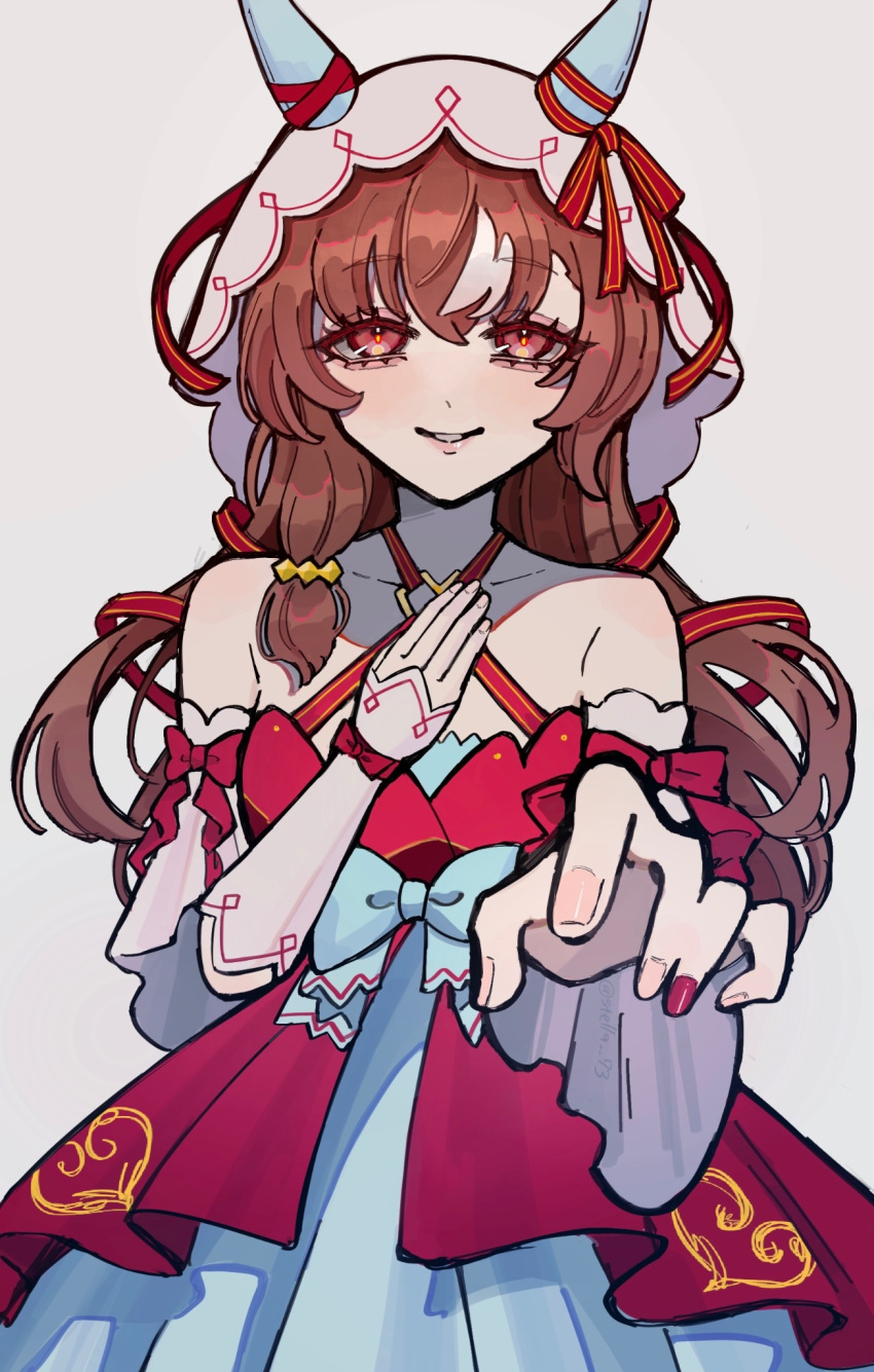 1girl, animal_ears, bare_shoulders, brown_hair, collarbone, dress, ear_covers, grey_background, hair_between_eyes, headdress, highres, horse_ears, horse_girl, long_hair, looking_at_viewer, red_dress, red_eyes, simple_background, smile, solo, stella_73, still_in_love_(umamusume), umamusume, white_hair