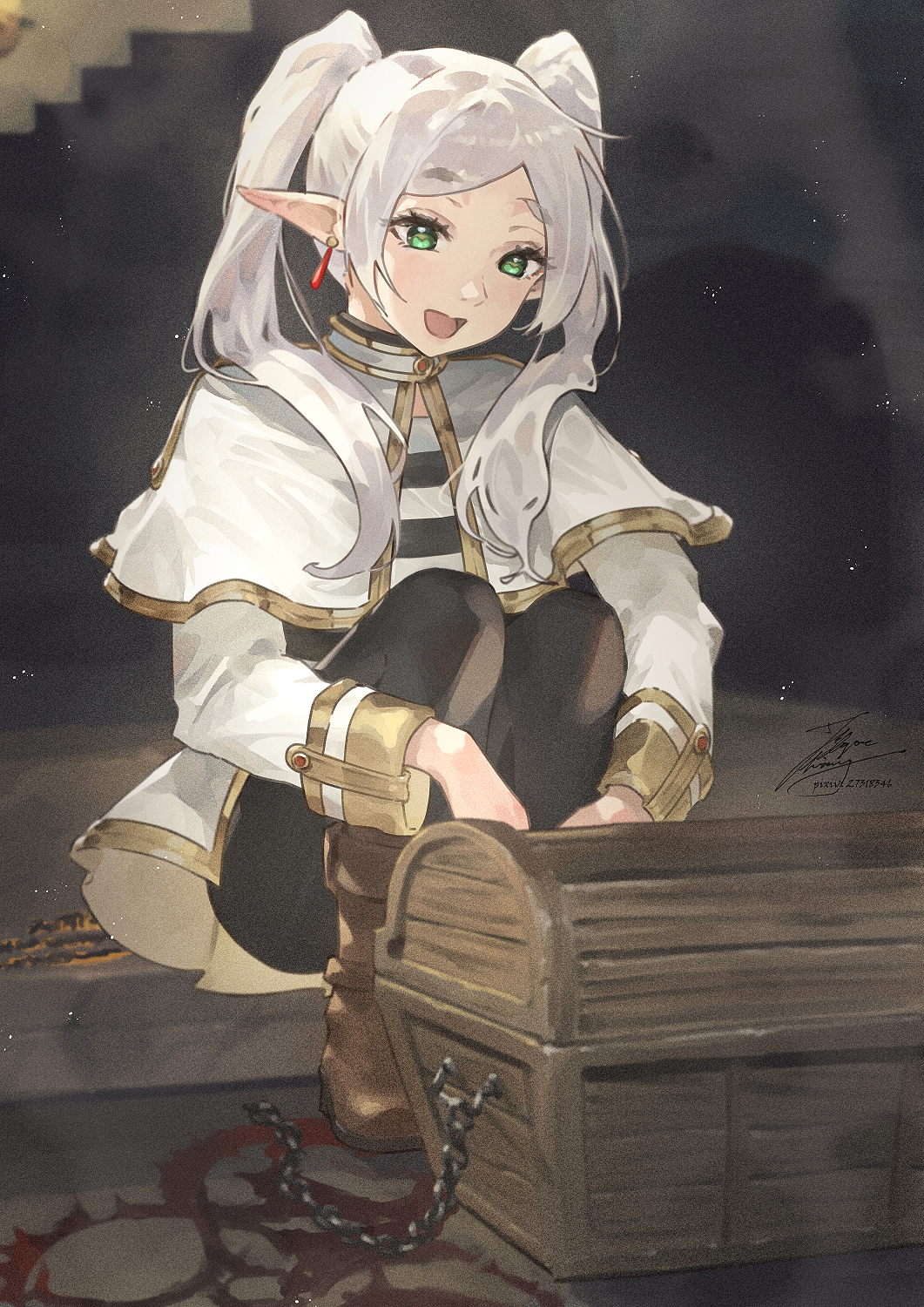 1girl, black_pantyhose, boots, brown_footwear, capelet, commentary_request, dark_souls_(series), earrings