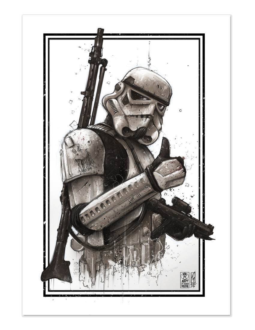 1boy, absurdres, black_gloves, border, galactic_empire, gloves, gun, head_tilt, highres, holding, holding_gun, holding_weapon, jar-jar_binks, looking_at_viewer, male_focus, shanemolina, solo, star_wars, star_wars:_the_phantom_menace, stormtrooper, tally, upper_body, weapon, weapon_on_back, white_background, white_border