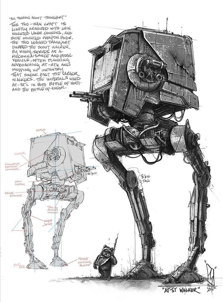 1other, ambiguous_gender, at-st, english_commentary, english_text, ewok, furry_other, holding, holding_staff, mecha, mecha_focus, multiple_views, robot, science_fiction, shadow, shanemolina, simple_background, staff, star_wars, star_wars:_return_of_the_jedi, walker_(robot), white_background