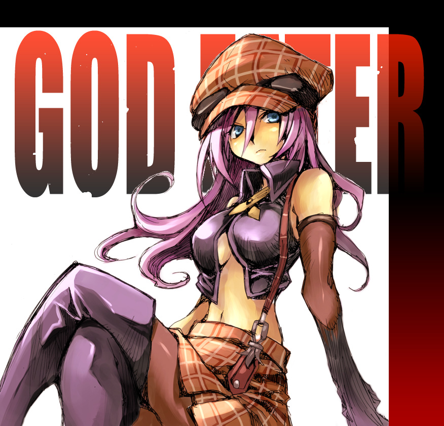 arisa_iriinchina_amieera, blue_eyes, boots, crossed_legs, elbow_gloves, gloves, god_eater, god_eater_burst, hat, long_hair, marumari_shia, midriff, no_bra, pantyhose, pink_hair, sitting, skirt, suspenders, thigh_boots, thighhighs