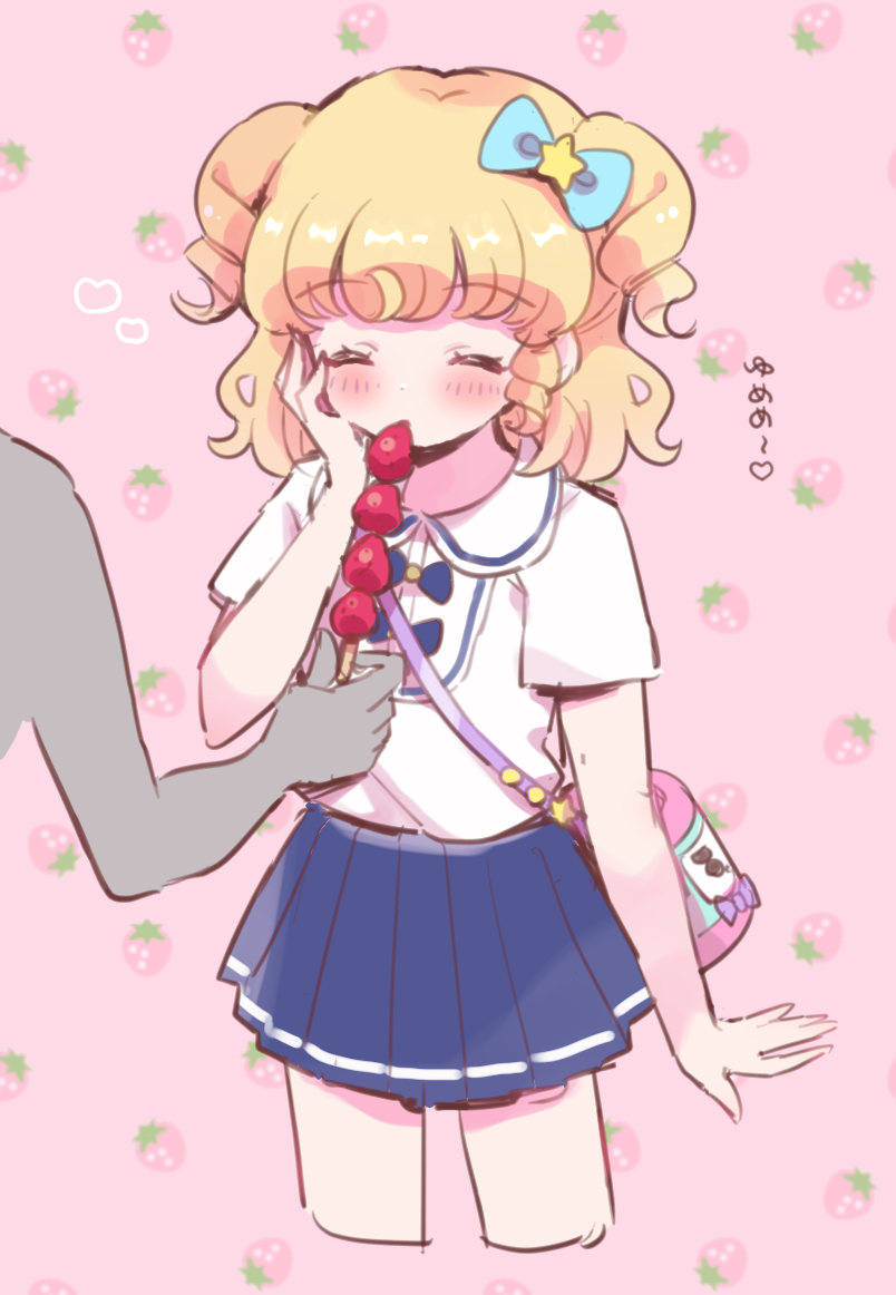 1girl, ^_^, blonde_hair, blue_bow, blue_skirt, blush, bow, closed_eyes
