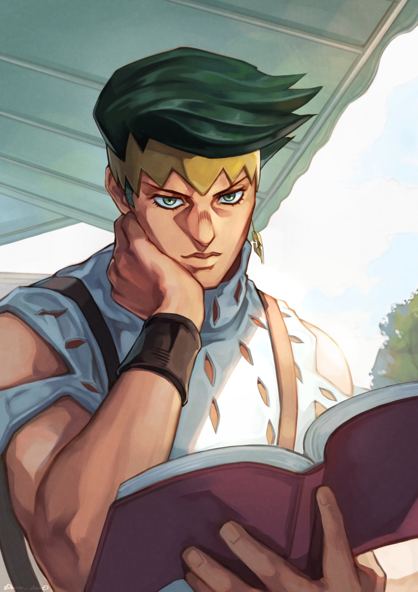1boy, artist_name, black_wristband, book, closed_mouth, clothing_cutout, commentary_request, diamond_wa_kudakenai