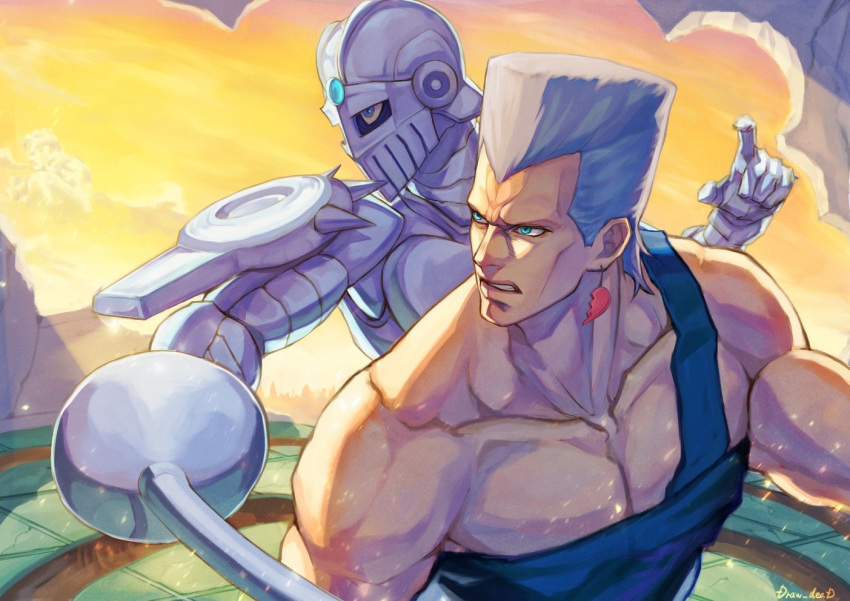 1boy, armor, artist_name, biceps, blue_eyes, clenched_teeth, clouds, collarbone, commentary_request, earrings, epee, evening, fighting_stance, flattop, grey_hair, holding, holding_sword, holding_weapon, jean_pierre_polnareff, jewelry, jojo_no_kimyou_na_bouken, looking_ahead, male_focus, mohammed_avdol, muscular, muscular_male, pectorals, rapier, shikabane_(draw_tadao14), silver_chariot, spikes, spoilers, stand_(jojo), stardust_crusaders, sword, tall_hair, teeth, upper_body, weapon