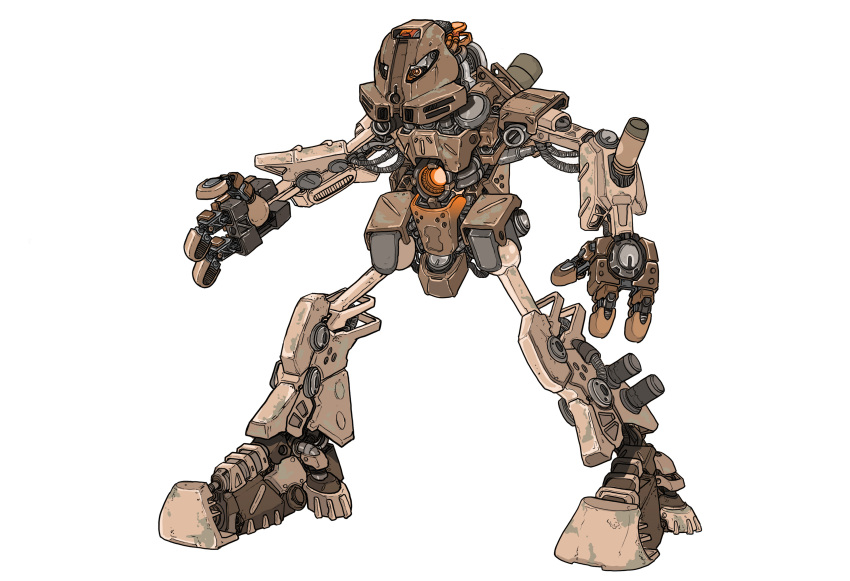 absurdres, bionicle, cable, english_commentary, full_body, highres, humanoid_robot, kanohi_(bionicle), looking_ahead, mask, orange_eyes, pohatu_(bionicle), robot, ryder_tost, science_fiction, simple_background, solo, the_lego_group, white_background