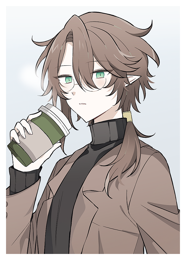 1boy, asymmetrical_sidelocks, black_sweater, border, breath, brown_hair, clamor_(elsword), coffee_cup