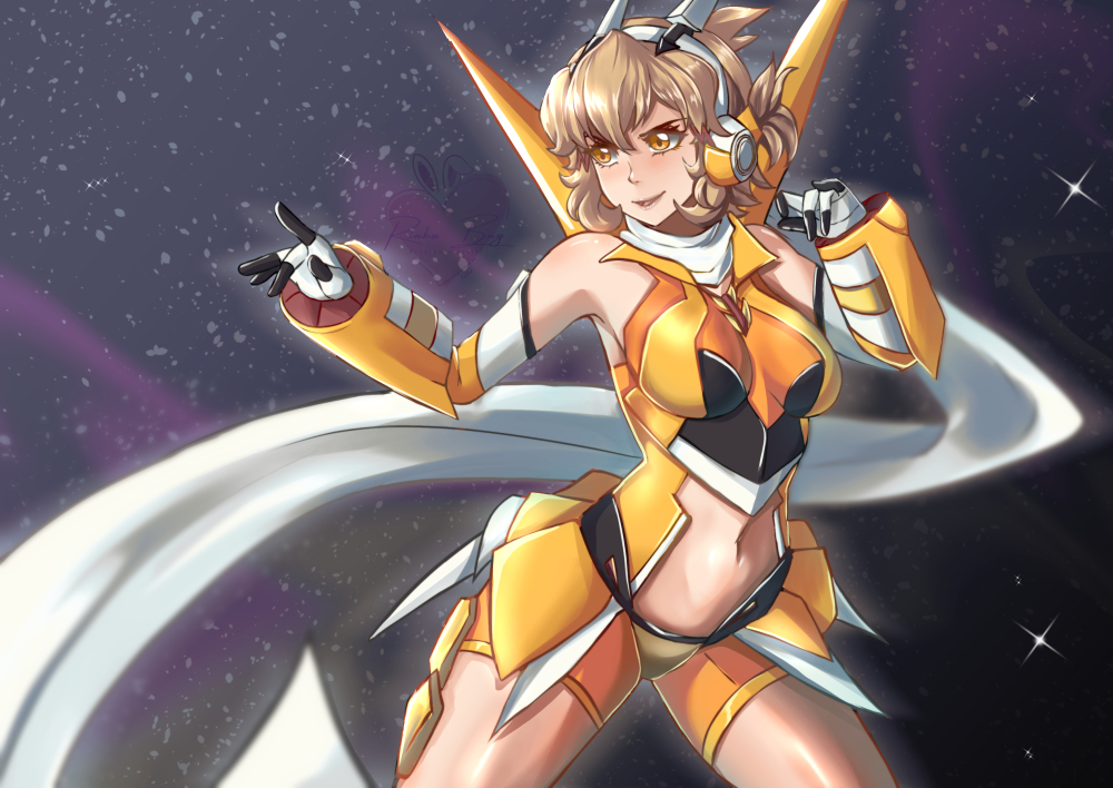 1girl, armor, bare_shoulders, bodysuit, breasts, brown_hair, clothing_cutout, elbow_gloves