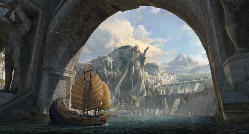 boat, bridge, city, dock, highres, mountain, no_humans, numenor