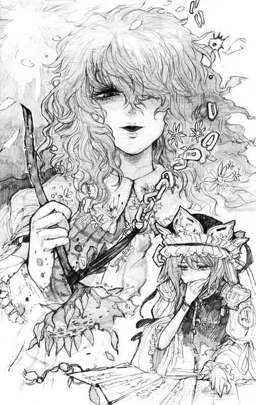 arm_belt, chain, chihiro_(artist), chihiro_(kemonomichi), flower, hair_over_one_eye, hand_over_mouth, hat