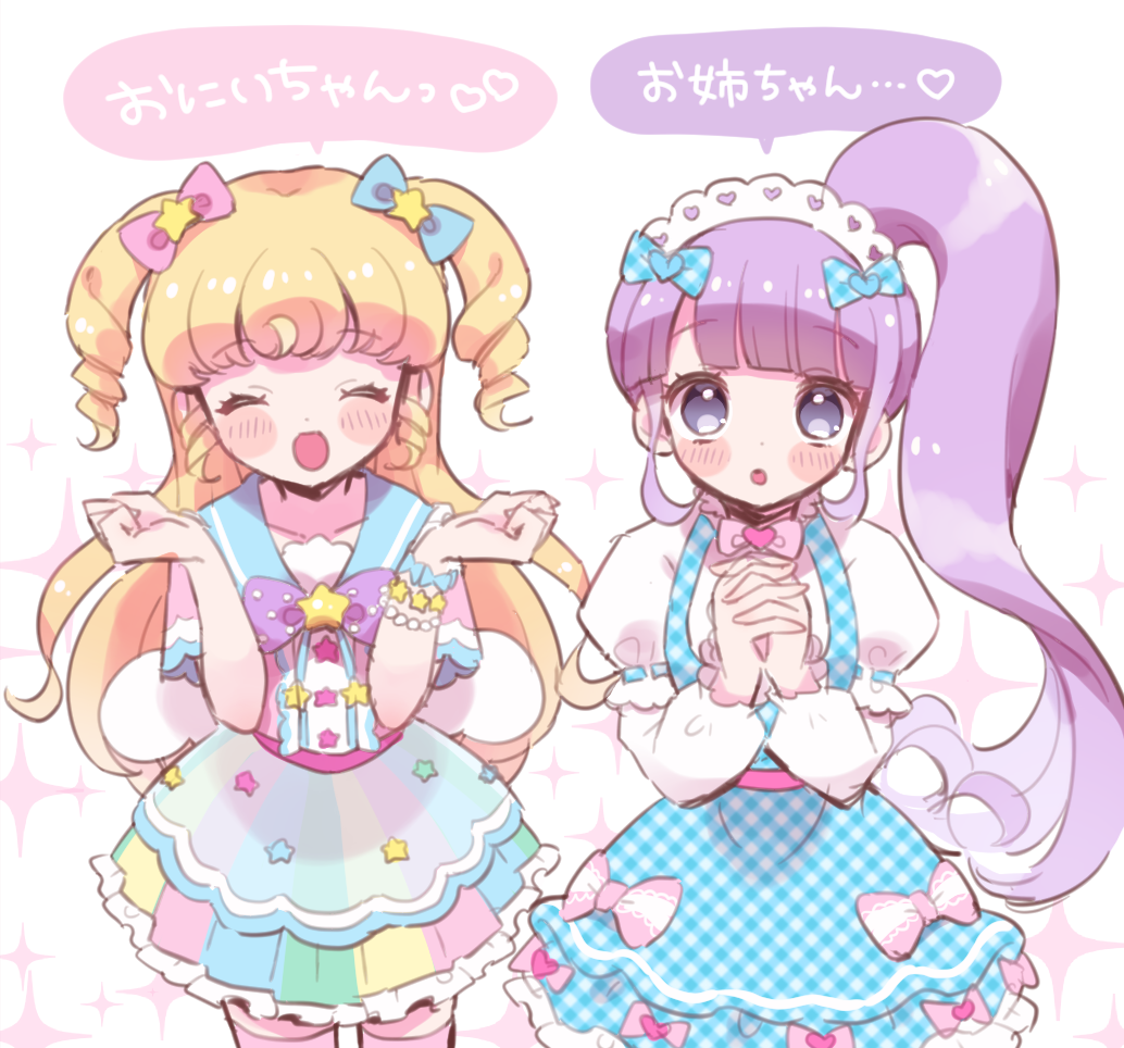 2girls, :d, :o, blonde_hair, blue_bow, blue_dress, blunt_bangs, blush