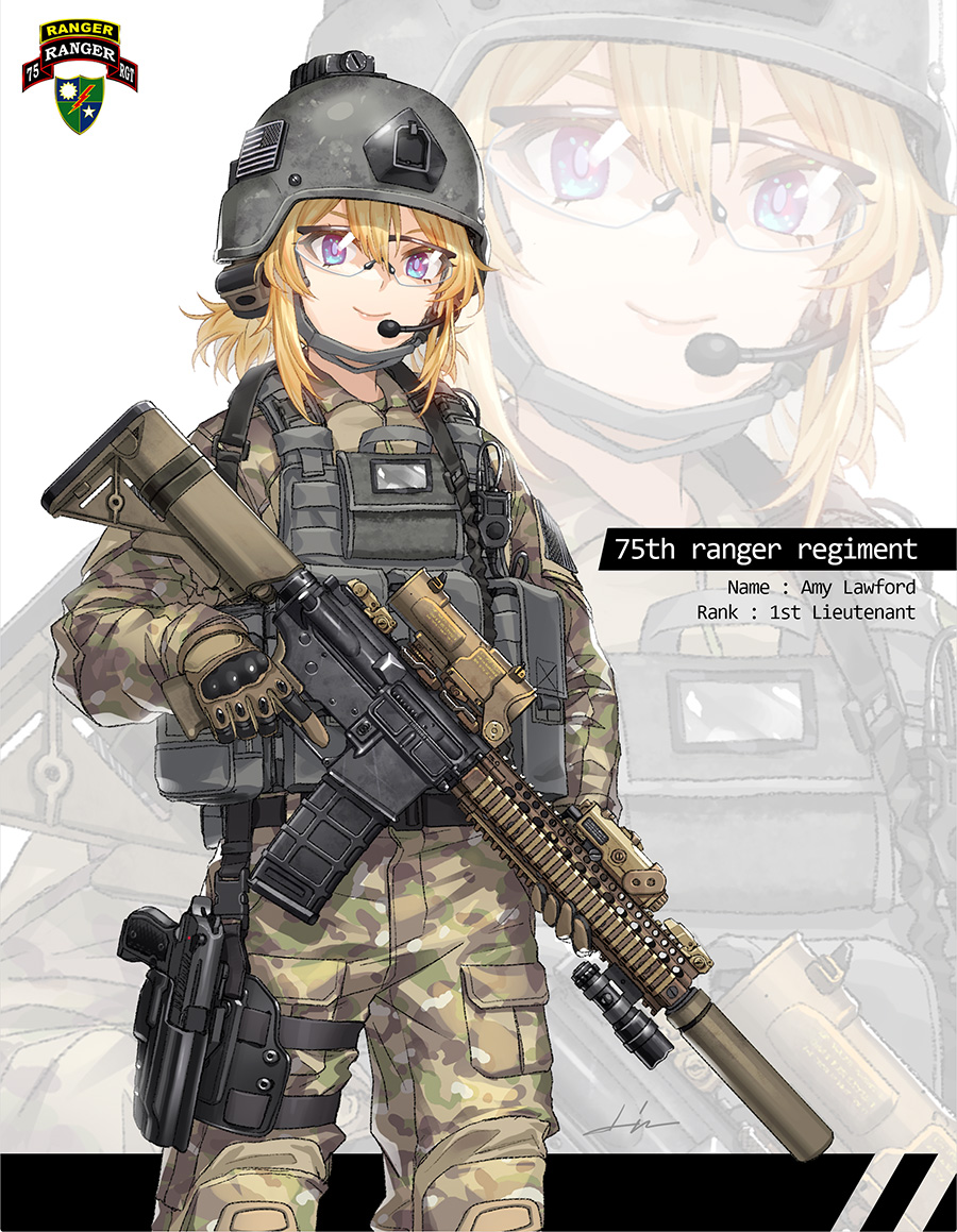 1girl, american_flag, assault_rifle, beretta_92, black_headwear, brown_gloves, camouflage, camouflage_jacket