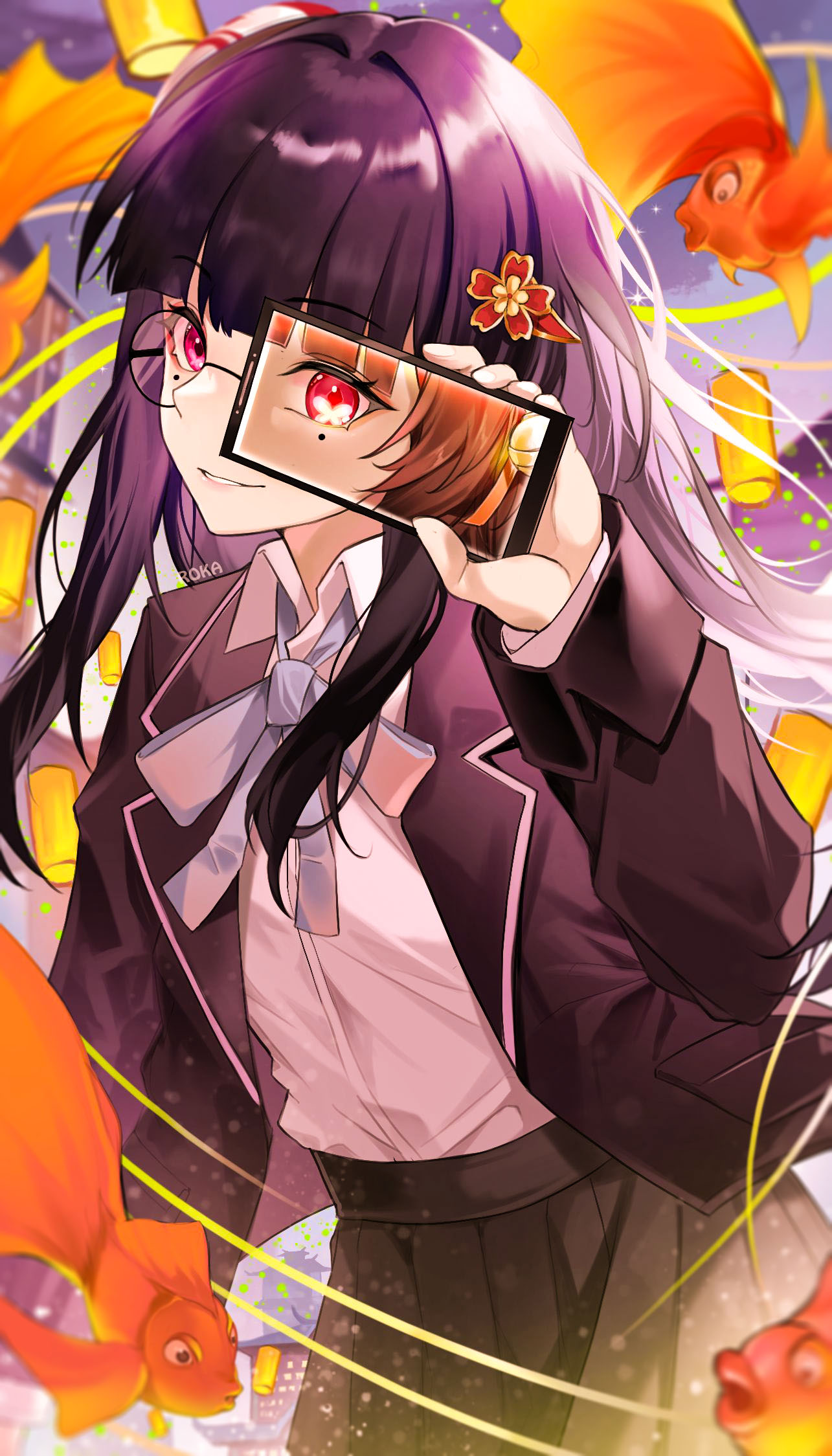 1girl, black_hair, black_jacket, black_skirt, blazer, blue_ribbon, cellphone, closed_mouth