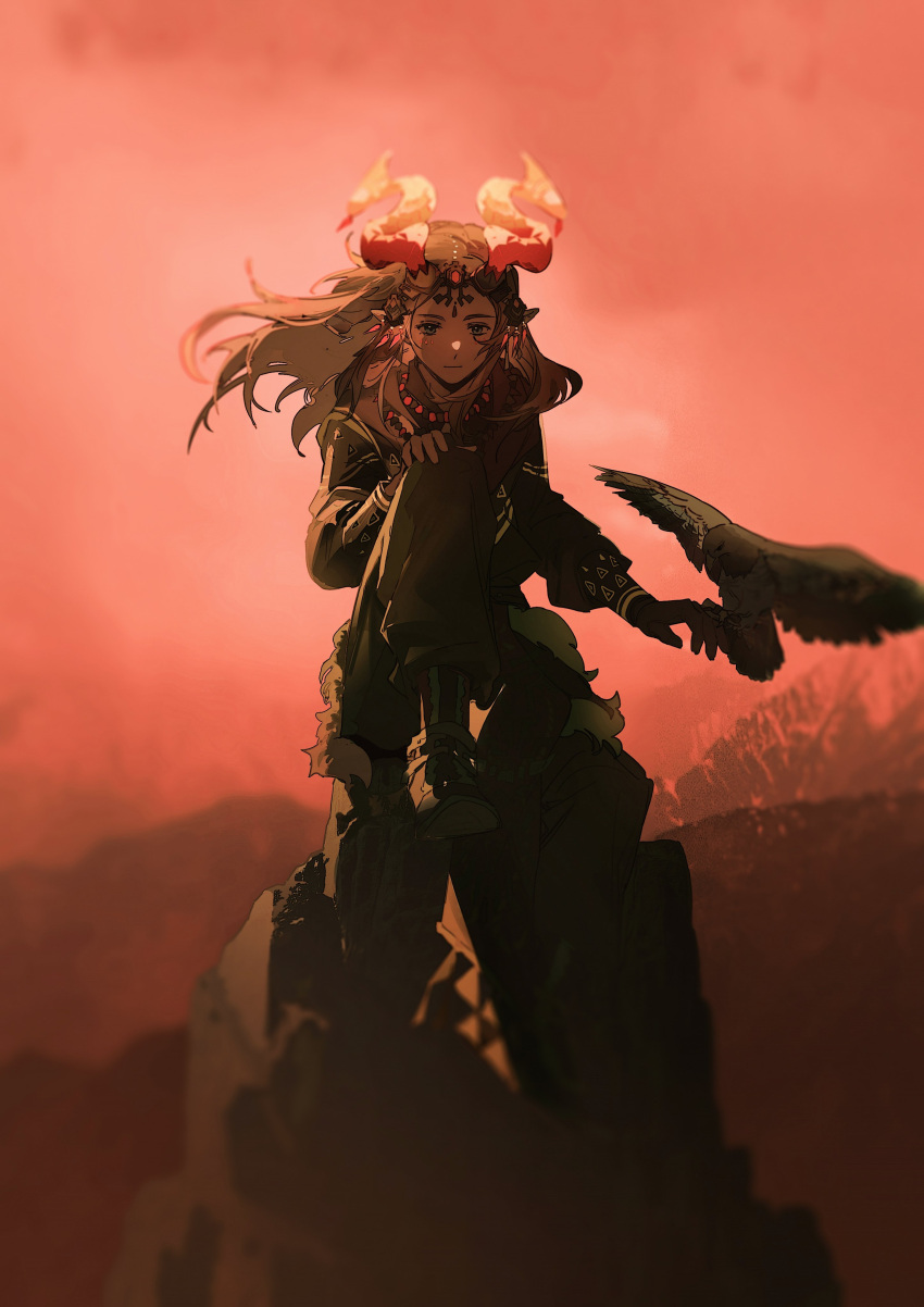 1boy, absurdres, bird, blonde_hair, dark, eagle, ember_set_(zelda), facial_mark