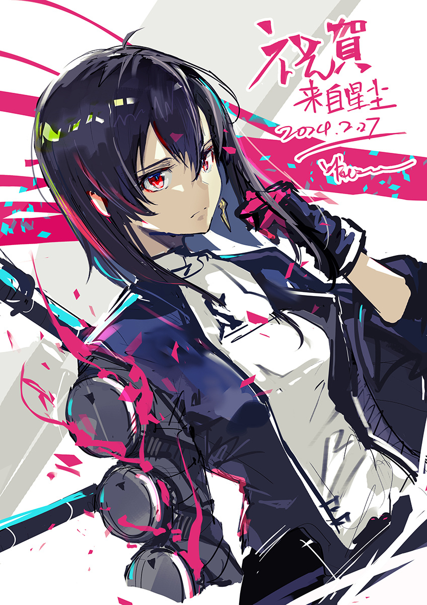 1girl, black_gloves, black_hair, black_jacket, earrings, ex_astris, gloves, hand_up
