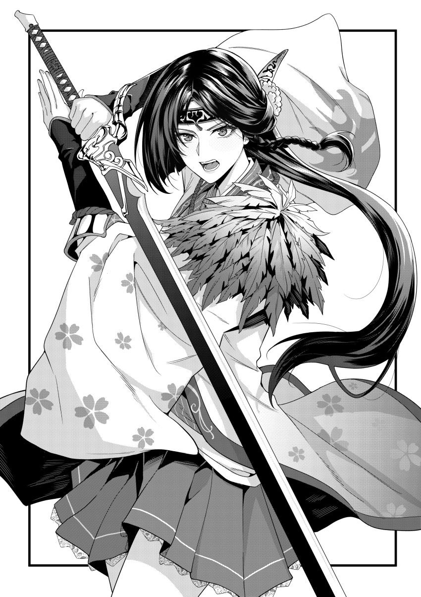 1girl, absurdres, arm_guards, black872233196, braid, commentary_request, feathers, floral_print
