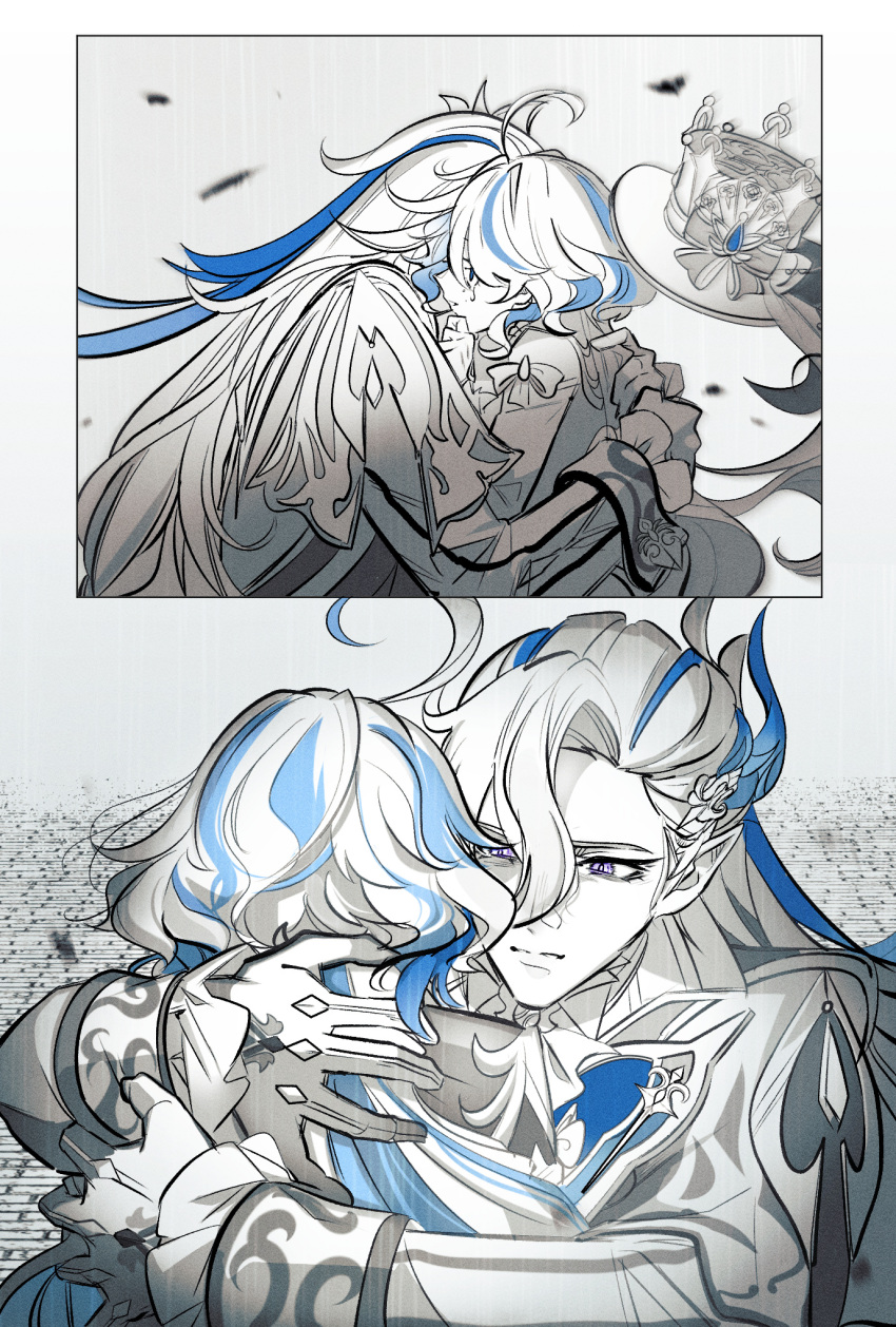 1boy, 1girl, ahoge, ascot, asymmetrical_bangs, blue_hair, closed_mouth, crying