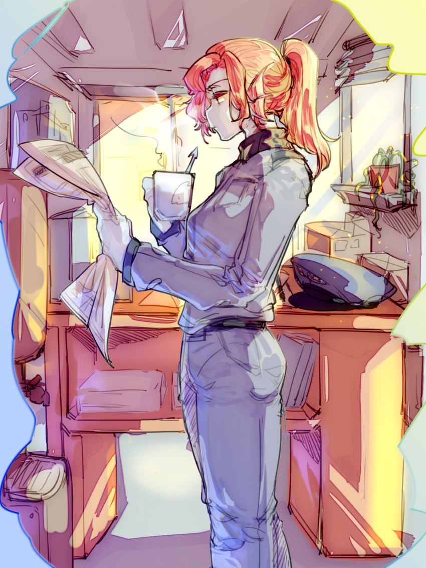 1girl, blue_jacket, blue_pants, blue_skin, box, cardboard_box, chief_undyne, chinese_commentary