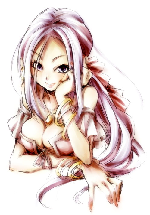bare_shoulders, blue_eyes, bow, bracelet, breasts, chin_rest, cleavage, corset