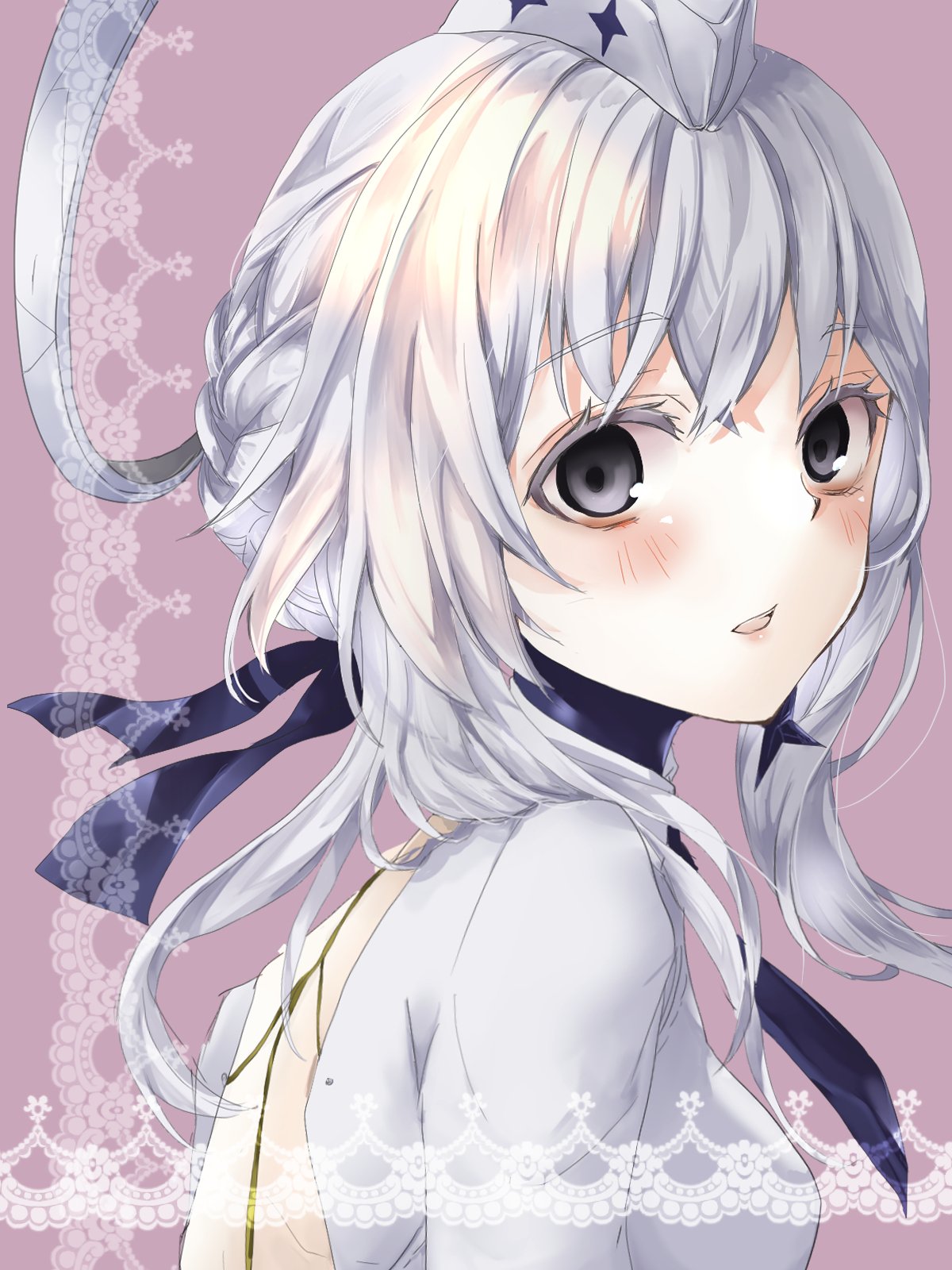 1girl, backless_dress, backless_outfit, black_necktie, black_ribbon, braid, cross, cross_earrings, crossed_bangs, dress, earrings, garrison_cap, grey_dress, grey_eyes, grey_hair, grey_headwear, hair_ribbon, halo, hat, highres, ite_ti, jewelry, liv:_empyrea_(punishing:_gray_raven), liv_(punishing:_gray_raven), looking_at_viewer, mechanical_halo, necktie, parted_lips, punishing:_gray_raven, ribbon, sidelocks, single_earring, solo