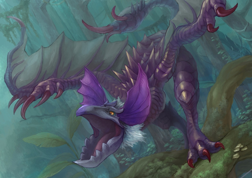 beak, branch, claws, dragon, dutch_angle, forest, large_ears, monster, monster_focus, monster_hunter_(series), mushroom, nature, open_mouth, orange_eyes, outdoors, plant, raika_(raika_3890), scales, solo, spiked_tail, spiked_wings, spikes, tail, tree, white_fur, wings, wyvern, yian_garuga