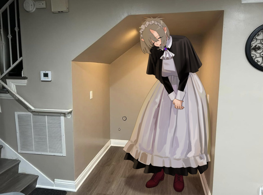 1girl, :d, ^_^, air_vent, amulet, ascot, black_cape, blue_gemstone