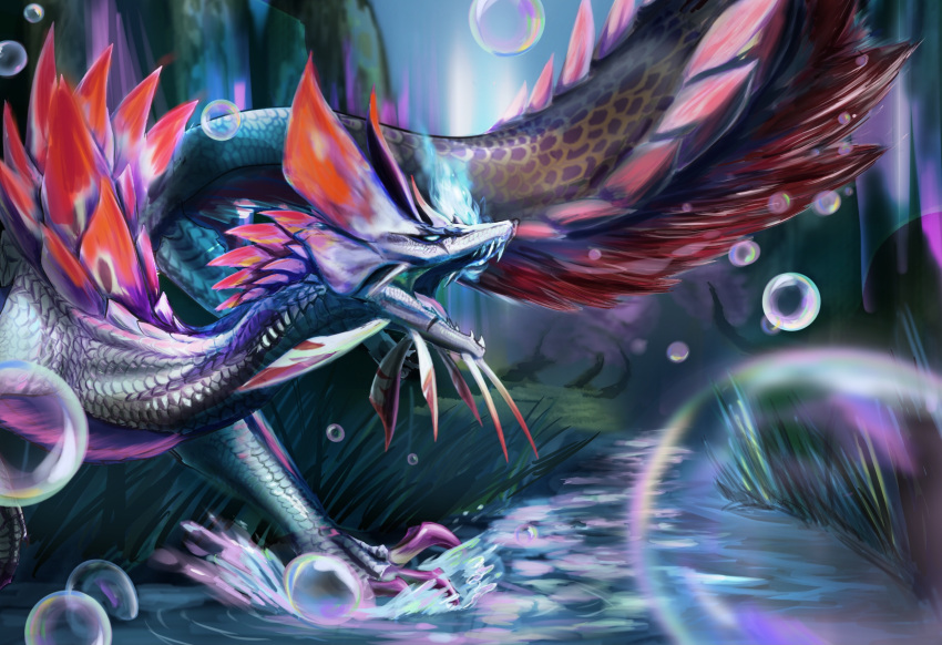 blue_eyes, claws, fins, fujikura, glowing, glowing_eye, grass, head_fins, highres, mizutsune, monster, monster_focus, monster_hunter_(series), monster_hunter_x, open_mouth, outdoors, red_fur, scales, sharp_teeth, soap_bubbles, solid_eyes, solo, soulseer_mizutsune, splashing, stream, tail, teeth, water, white_scales