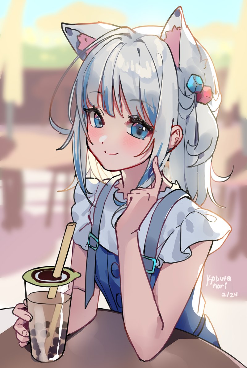 1girl, animal_ears, blue_dress, blue_eyes, blue_hair, bubble_tea, cat_ears, choppy_bangs