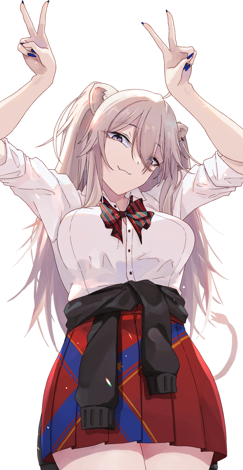1girl, absurdres, ahoge, animal_ears, arms_up, bow, bowtie, breasts, clothes_around_waist, cosplay, double_v, ear_piercing, grey_eyes, highres, hololive, lion_ears, lion_girl, lion_tail, long_hair, looking_at_viewer, minagokoro, multicolored_bowtie, multicolored_clothes, multicolored_skirt, omaru_polka, omaru_polka_(cosplay), omaru_polka_(school_uniform), piercing, pleated_skirt, shirt, shishiro_botan, skirt, smile, sweater, sweater_around_waist, tail, v, virtual_youtuber