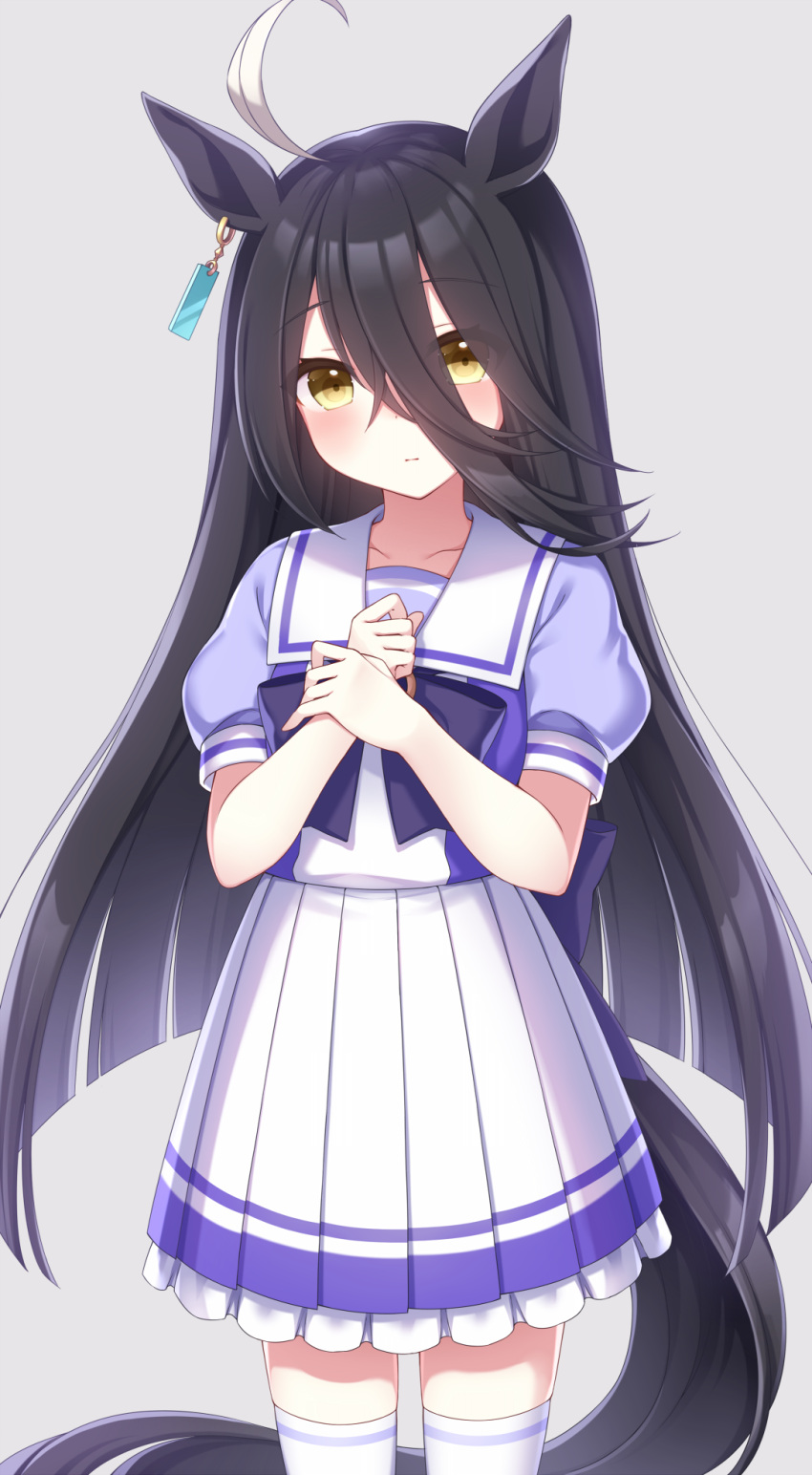 1girl, ahoge, animal_ear_piercing, animal_ears, black_hair, blunt_ends, blush, bow